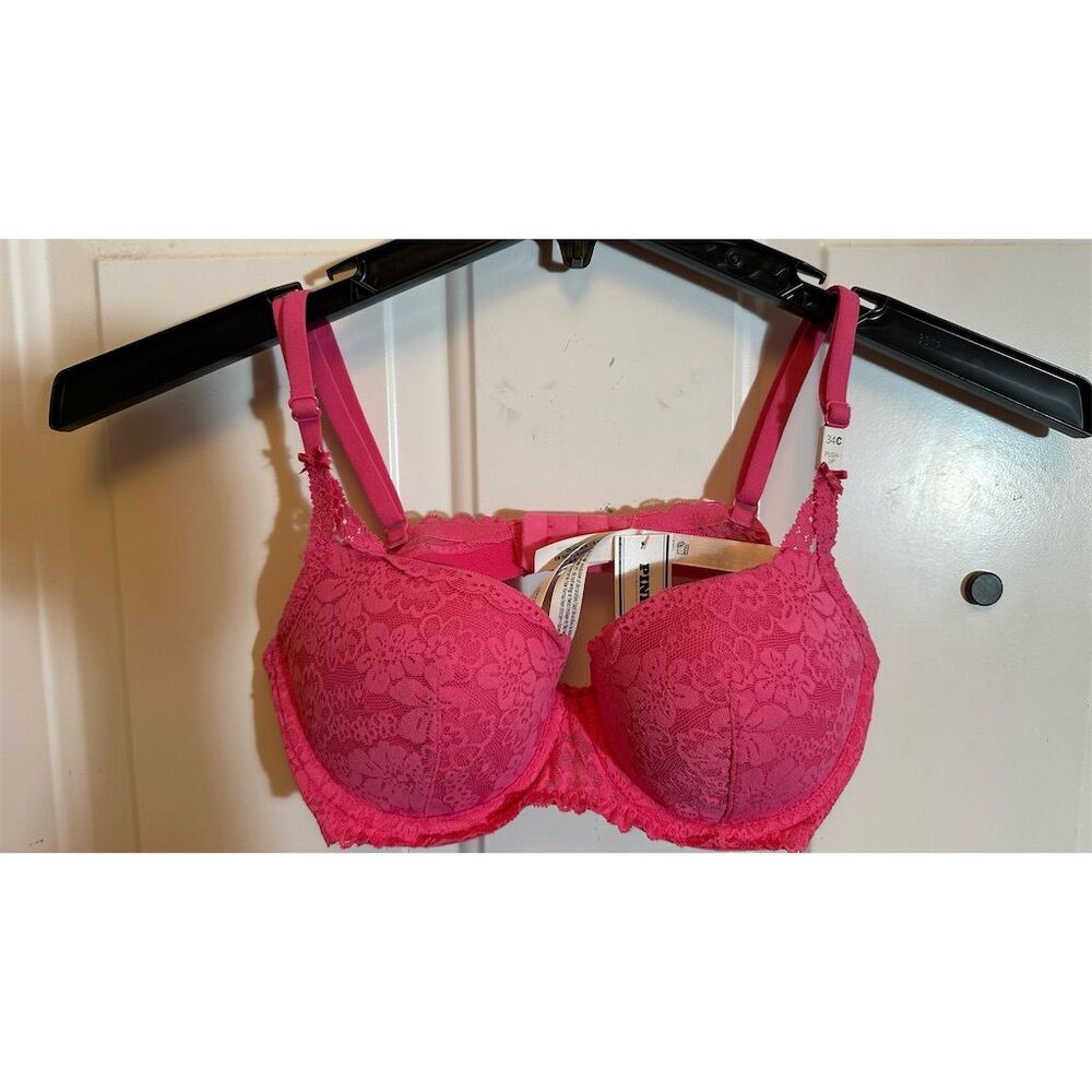 Victoria's Secret PINK Balconette Push-Up Bra 34C Hot Pink Lace